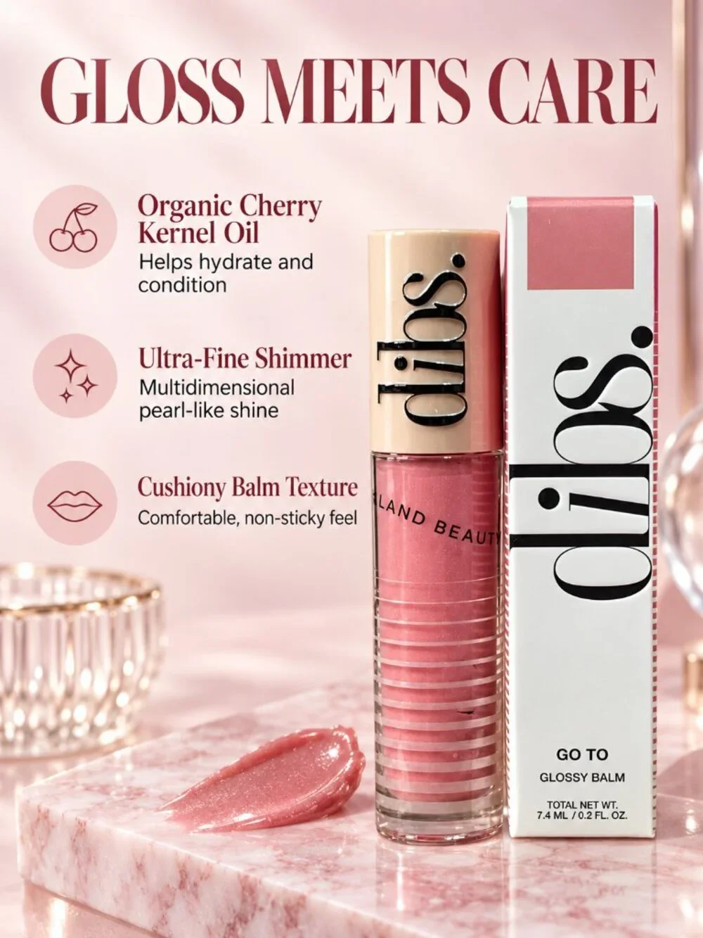 DIBS Go To Glossy Balm Effortless Pink Rose Shimmer Lip Gloss NIB